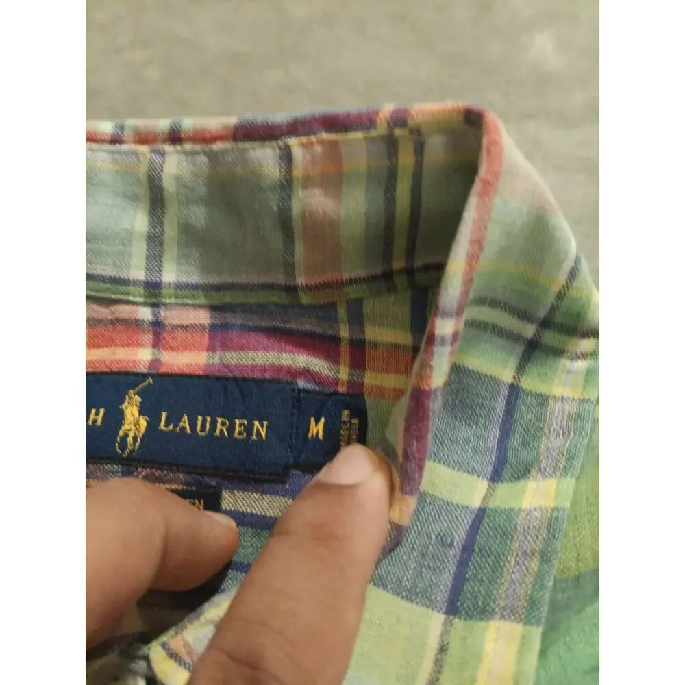 Polo Ralph Lauren Men’s 100% Linen Shirt M Custom Fit Long Sleeve Green Plaid